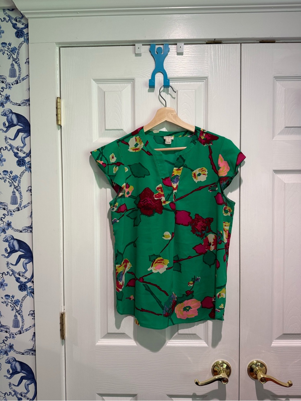 Floral Drapey Cap-Sleeve Blouse - Green
